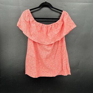Kensie ruffle off the shoulder blouse linen blend pink coral natural fiber top L
